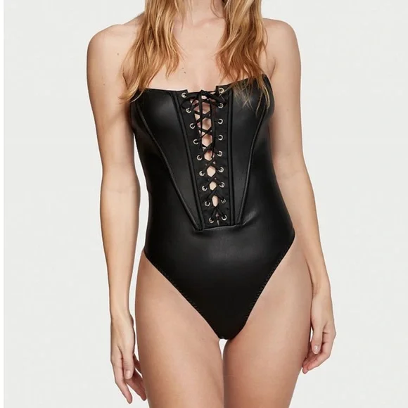 Victoria’s Secret Black Love Letters Faux Leather Teddy Bodysuit, NWT, Lace Up - Picture 15 of 16